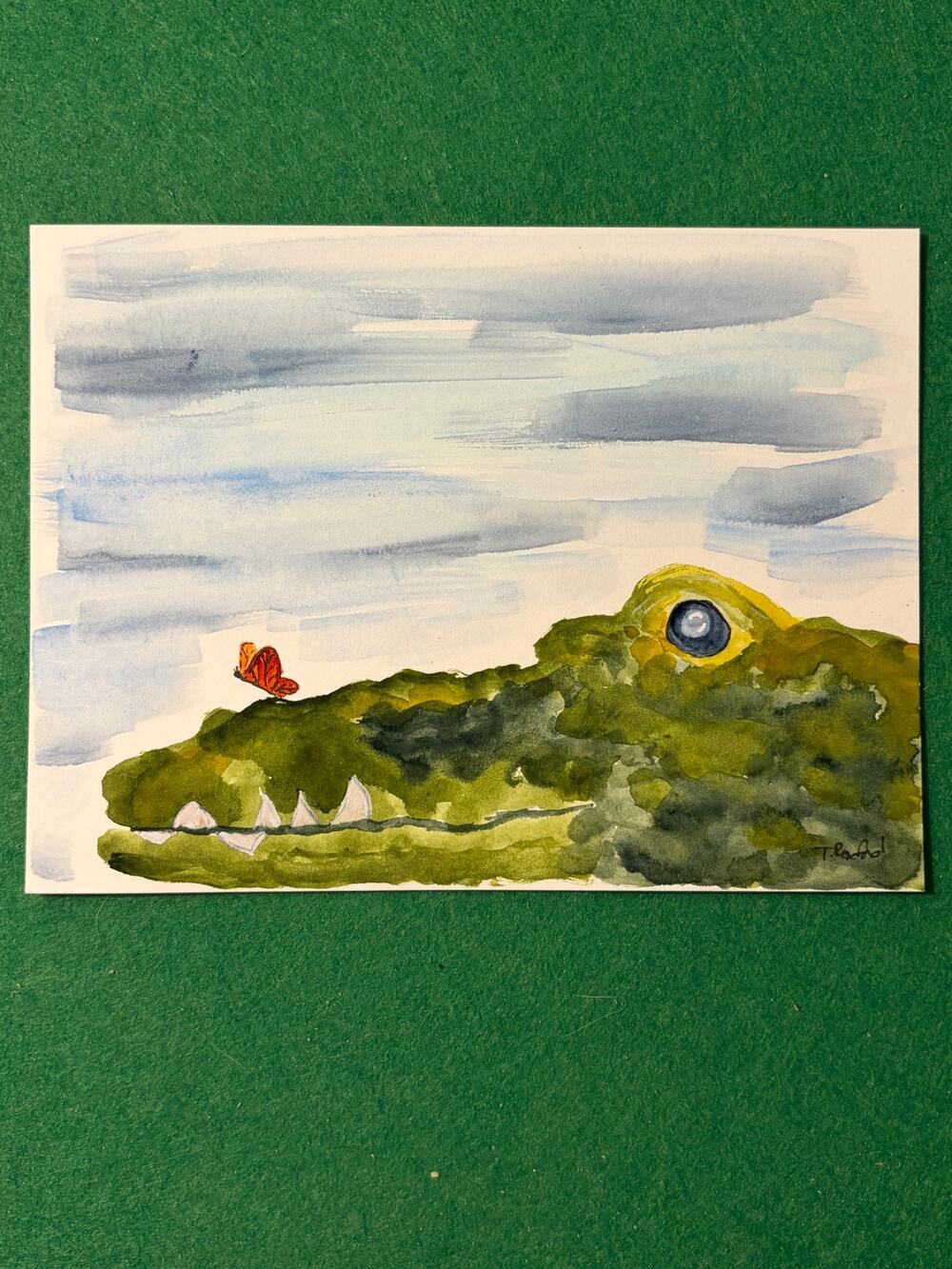 Hand painted watercolor original painting alligator crocodile butterfly
